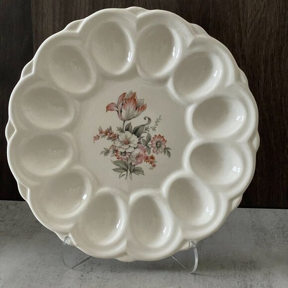 E. R. American Artware Pink Floral 12 Deviled Eggs Serving Platter Dish 9" - Picture 1 of 5